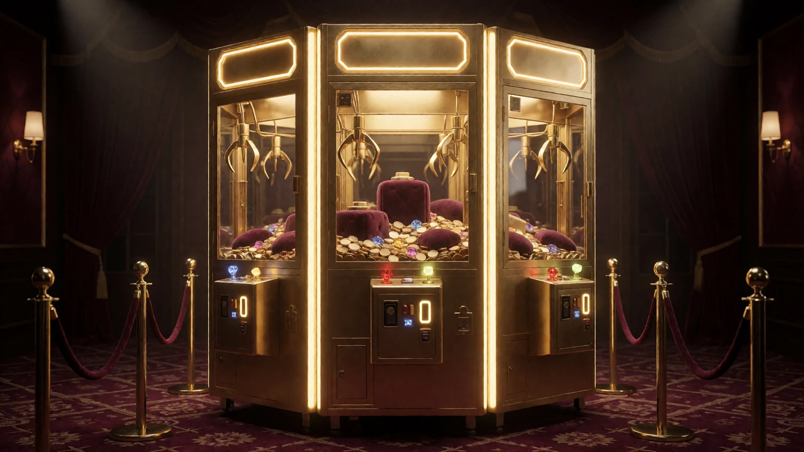 Goldene Bonus Crab Greifmaschine mit leuchtenden Preisen auf der dunklen Casino-Fl&auml;che im Millioner Casino