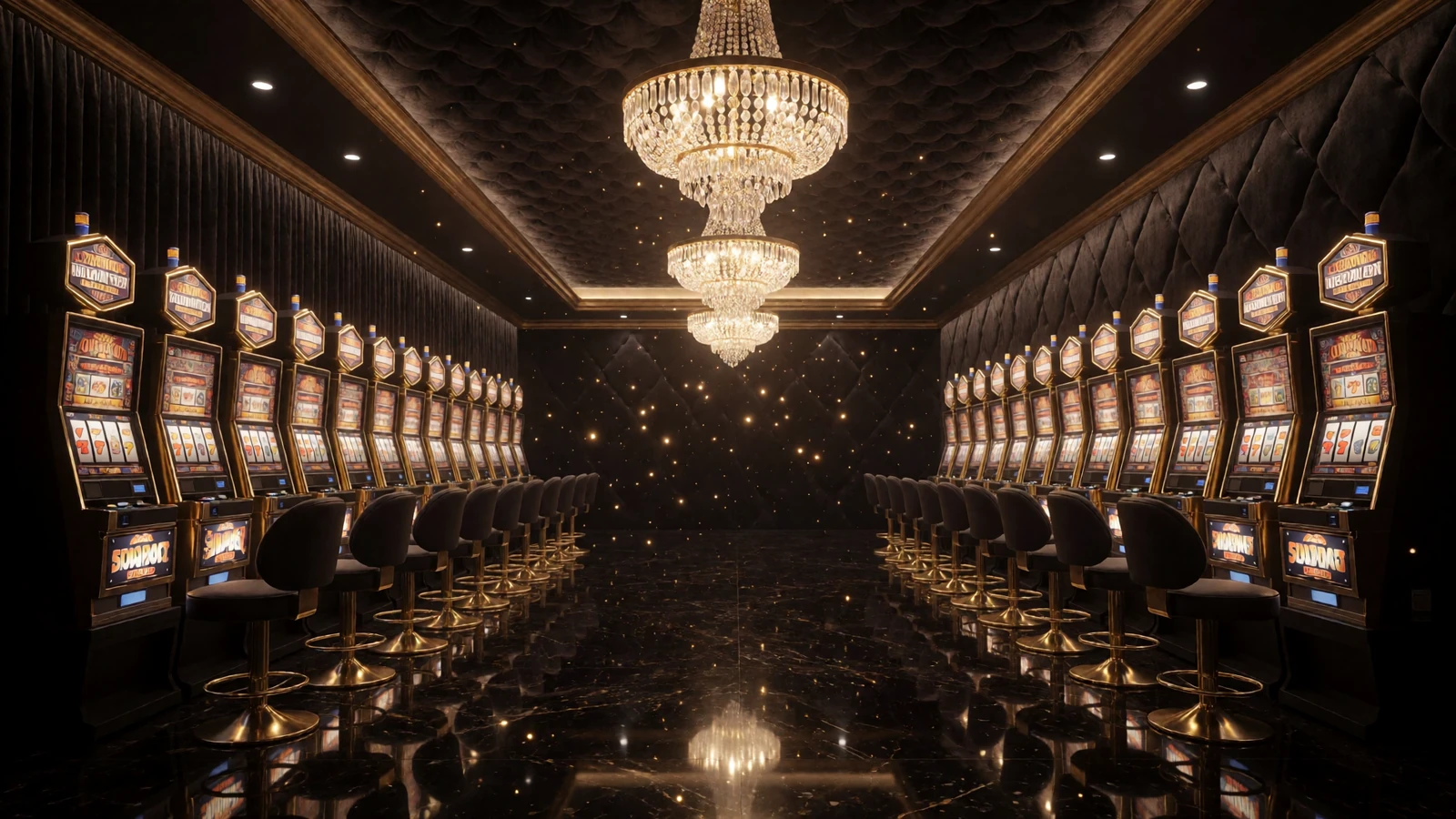 Luxuri&ouml;se Casino-Etage im Millioner Casino mit goldenen Spielautomaten und Kronleuchtern