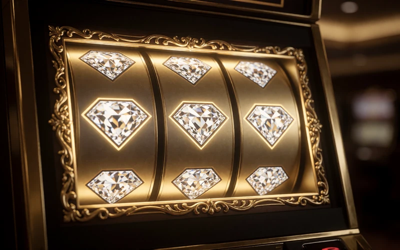 Goldener Spielautomat mit drei Diamant-Gewinnsymbolen auf dem leuchtenden Bildschirm
